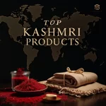 Top Kashmiri products featuring saffron and traditional wool shawl with world map background