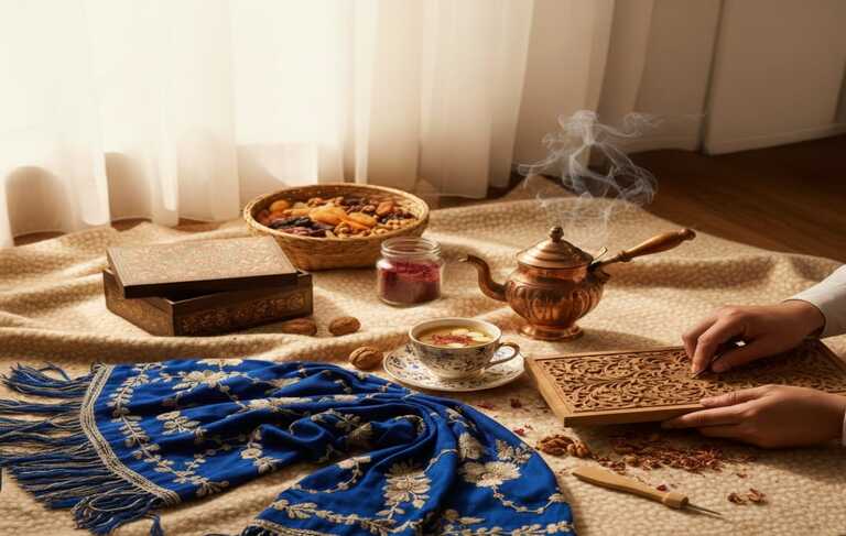 Kashmiri handicrafts scene with blue embroidered shawl, walnut wood carving, samovar tea set, and dry fruits on a traditional setup